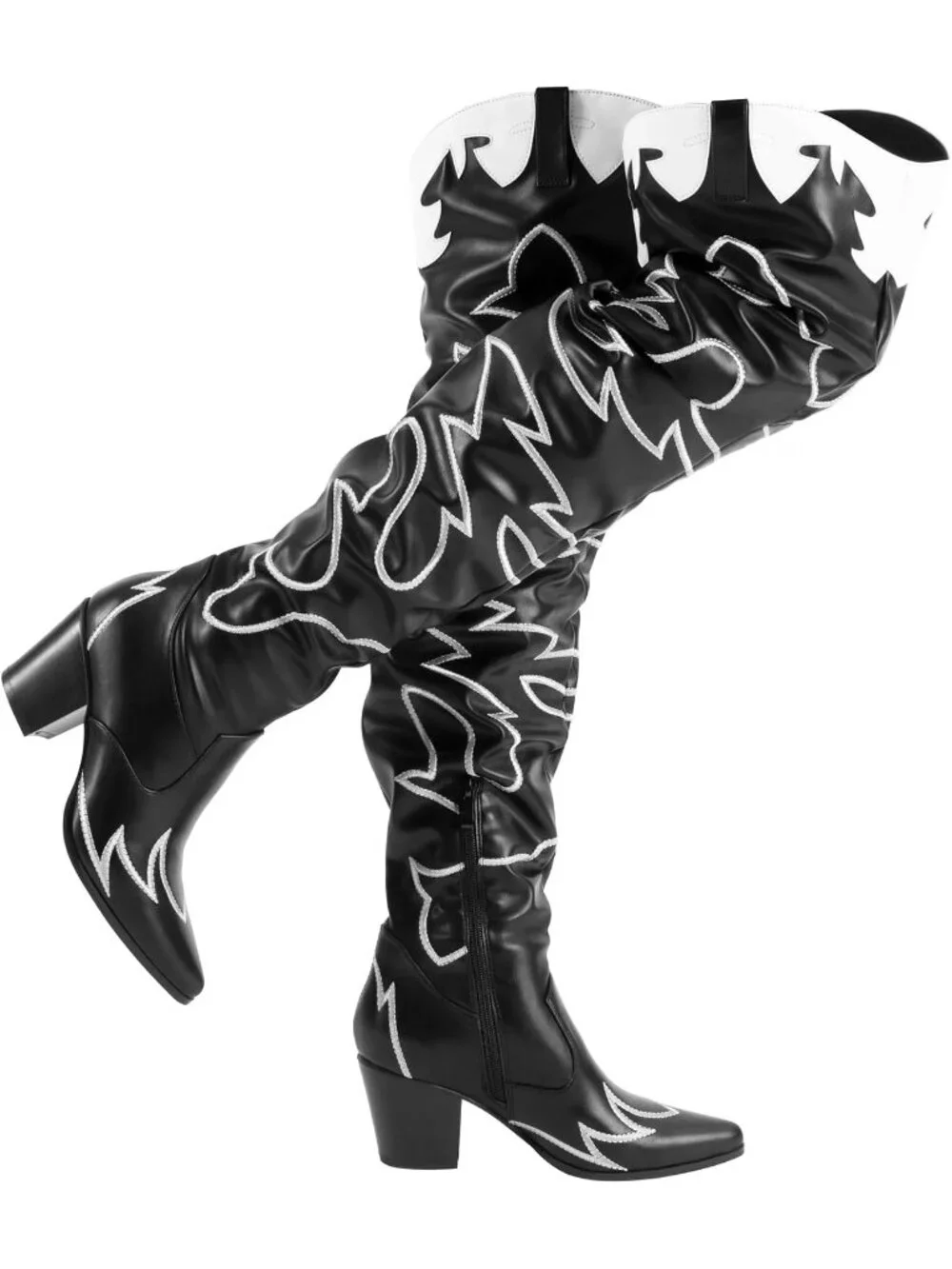 Women's Black Faux Leather Embroidery Slouchy Shaft Chunky Heel Knee High Boots